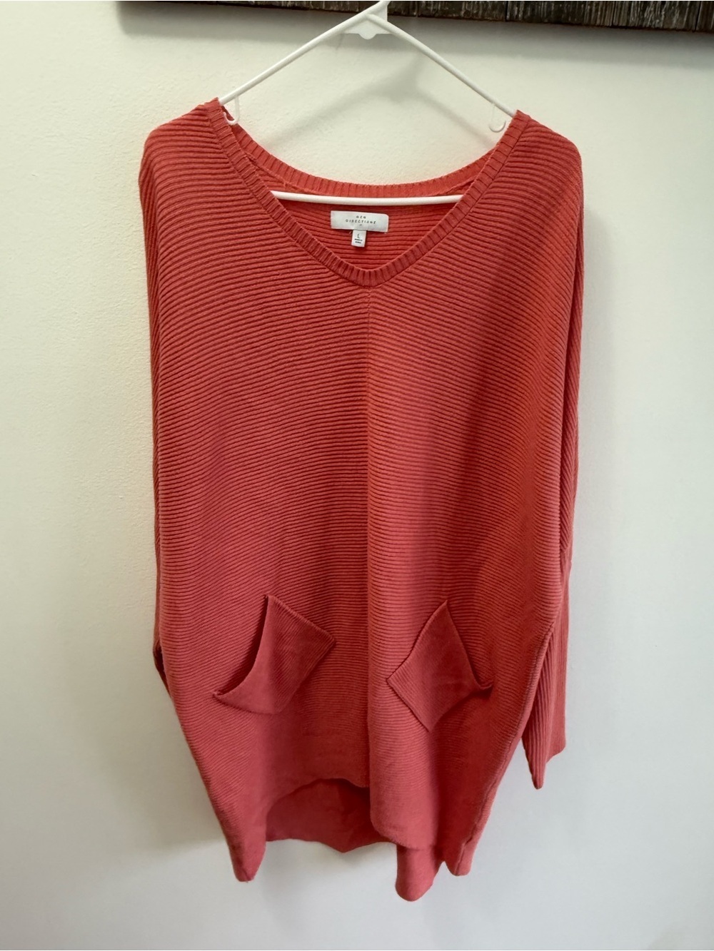 new directions Coral Ribbed V-Neck Sweater with Front Pockets tunic